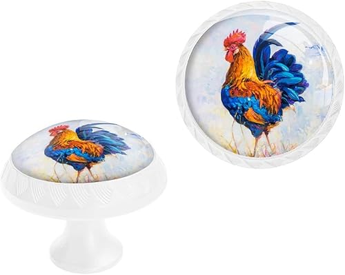 Elohiym Paquete de 4 pomos blancos para cajones, pomos de gallo coloridos para gabinetes, pomos de cristal para aparadores, tiradores de cajones,