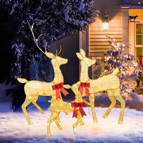 45" Large Outdoor Lighted Christmas Reindeer Family Set Decor, 3Pcs Handmade Light Up Xmas Deer Decoration with Stakes, Safe Material LED Plug and Play Outside Holiday Ornaments for Yard Lawn Garden