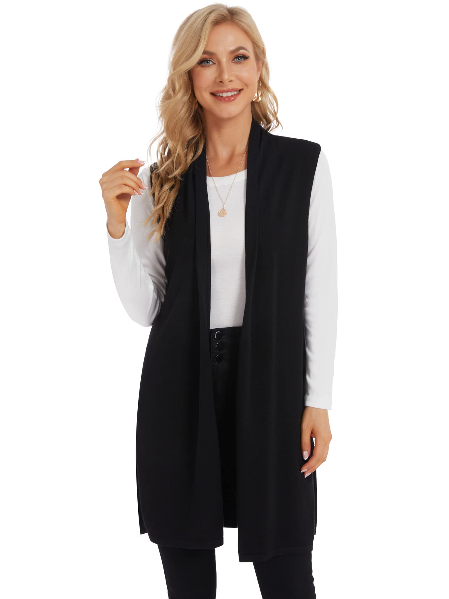 Moss Rose Womens Long Knit Cardigan Vest Casual Sleeveless Open Front Draped Duster Vest Available in Plus Size