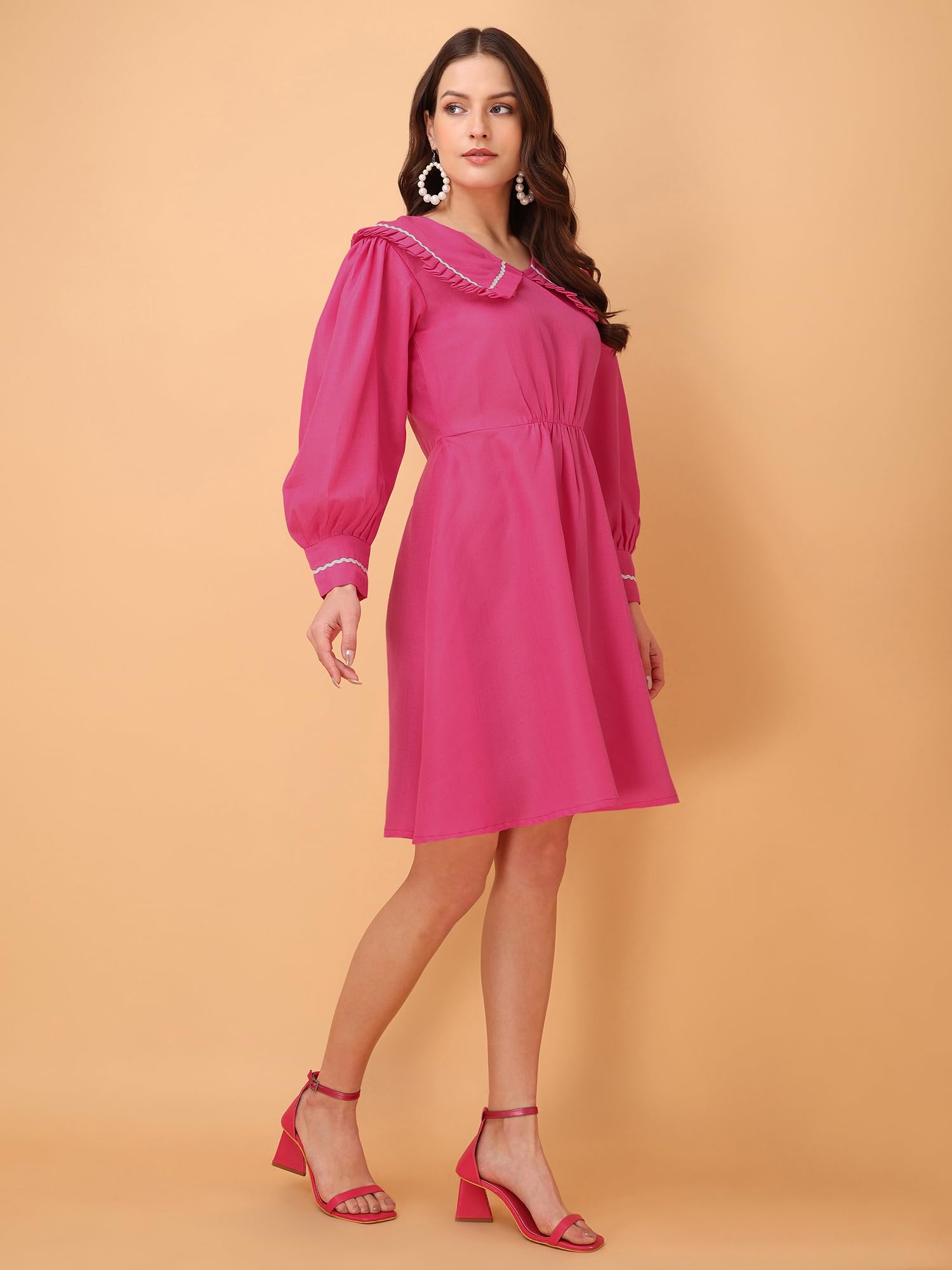 Purvaja Womens V-Neck Fit & Flared Cotton Blend Dress (Floe-039-M_Pink)