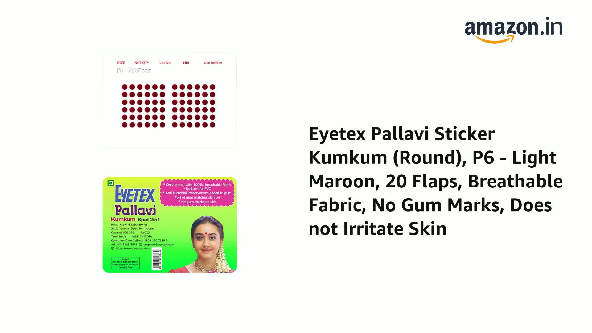Eyetex Pallavi Sticker Bindi/Pottu|Round|Aloe Vera & Papaya