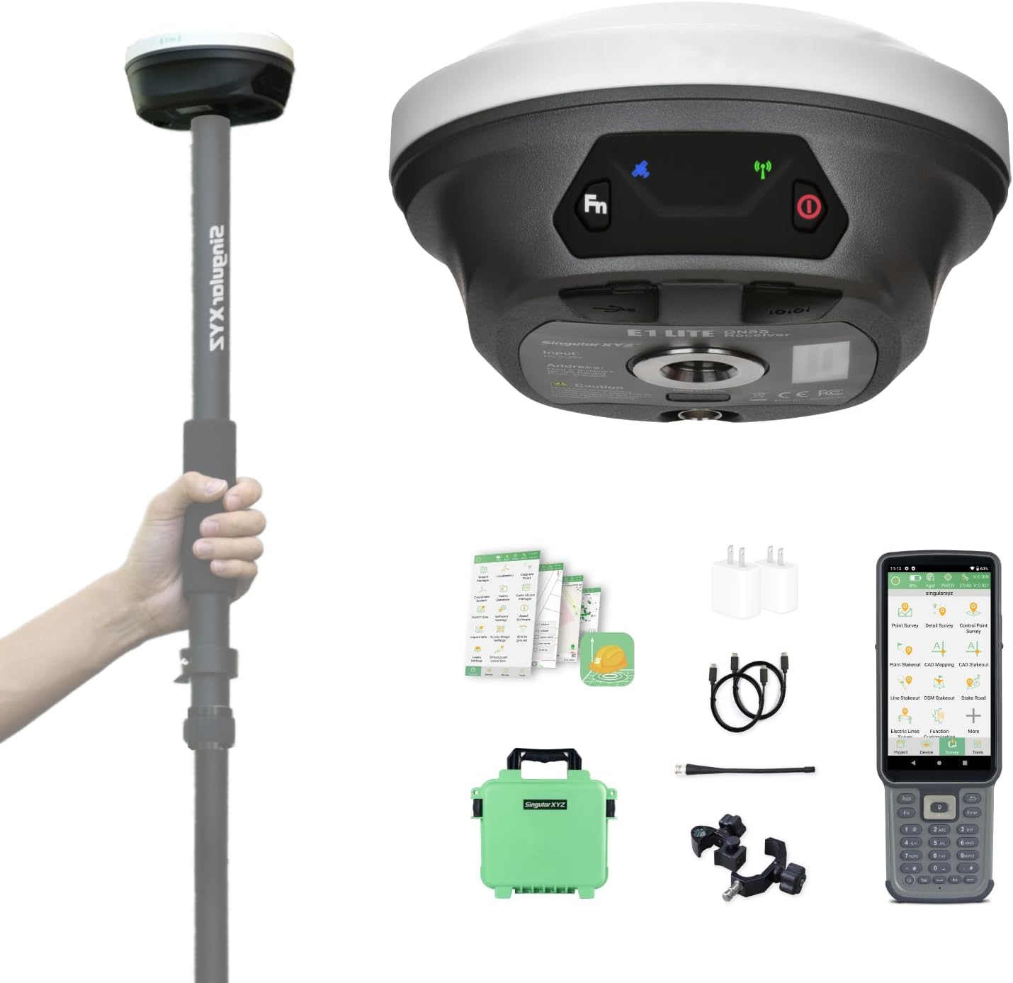 E1 Lite GNSS RTK GPS Surveying Equipment – 1408 Channels RTK Rover for High-Precision Measurement, Land Survey, Topographic Mapping, CORS Correction, with SC200 Collector & Software, FCC Certified