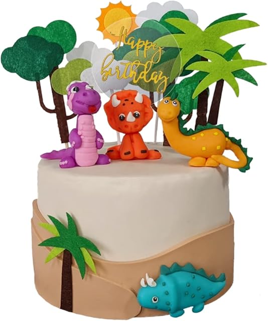 JollyEst® 3D Dinosaur Cake Topper | Colourful 14 Piece Set | Handmade polymer clay and felt with Happy Birthday sign