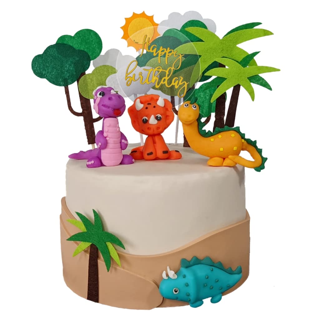 JollyEst® 3D Dinosaur Cake Topper | Colourful Clay 14 Piece Set | Handmade polymer clay and felt with Happy Birthday sign | Dinosaur Birthday Decorations | Baby Boy Cake Decorations
