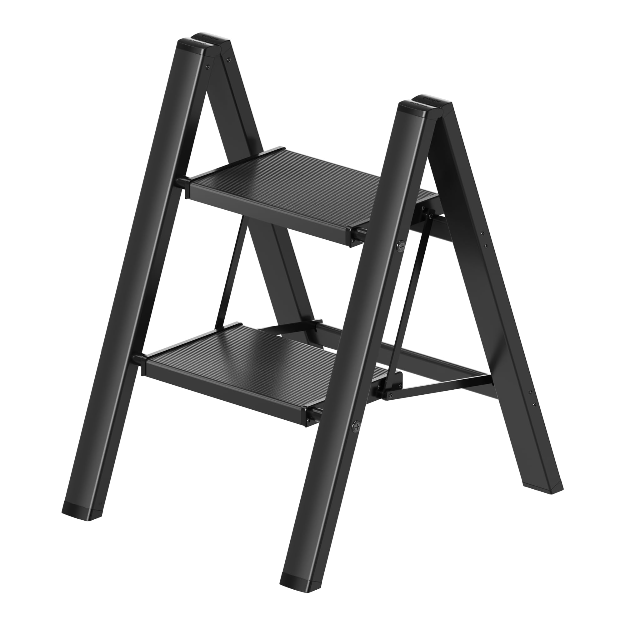 GameGem 2 Step Ladder, Folding Step Stool with Anti-Slip Wide Pedal, Aluminum Material Lightweight yet Sturdy, 150 KG Loading, Cute Modern Apperance for Indoor Household Spaces, Black