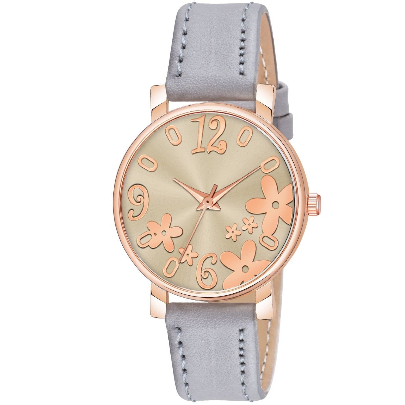 KIARVI GALLERY Analogue Black Flower Dial Unique Designer Leather Strap Womens and Girls Watch (Grey-Peach) (B0BQ9G8TXY) Amazon Price History, Amazon Price Tracker