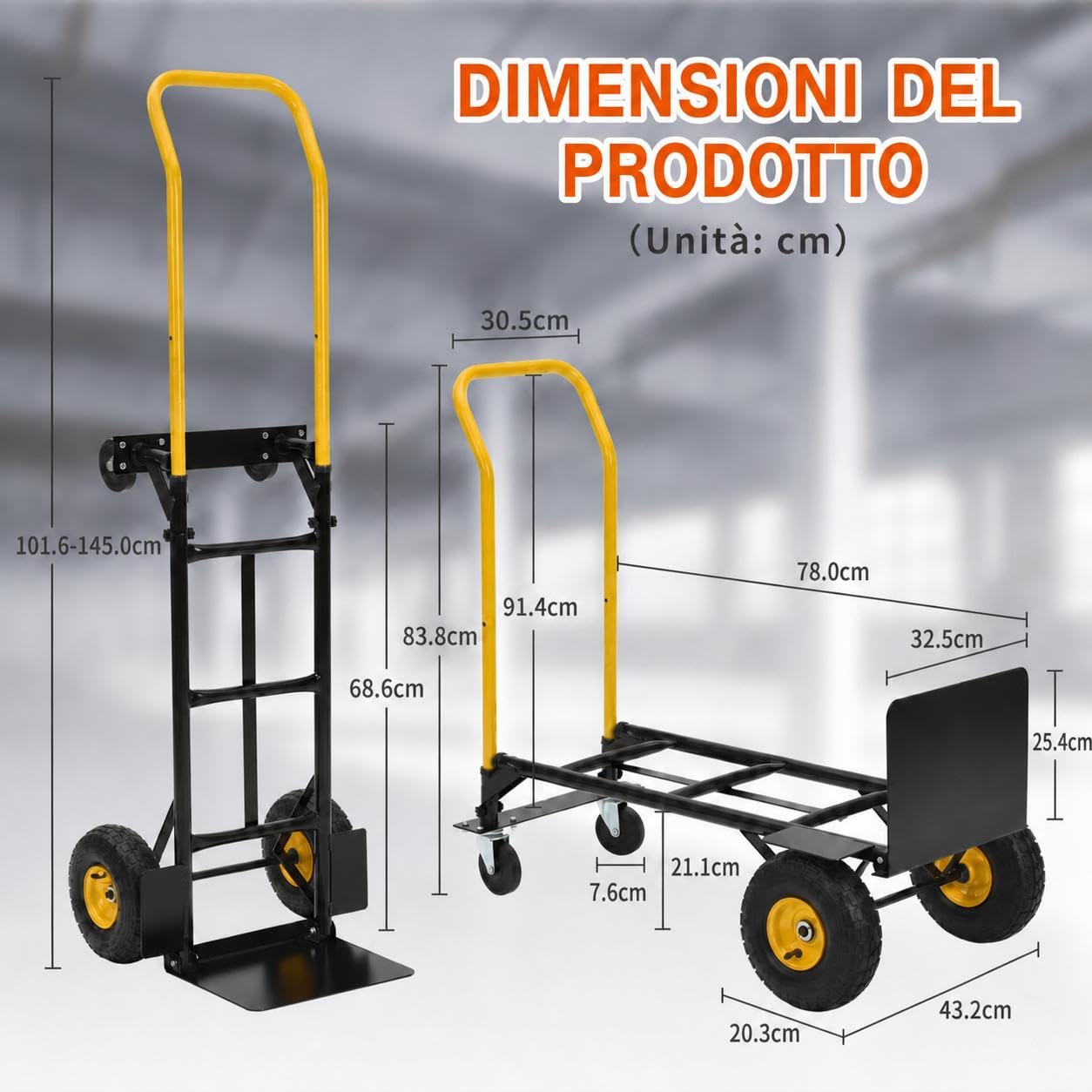 Carrello a mano convertibile 2-in-1 - Piattaforma pieghevole per magazzino, ufficio, giardino, spostamenti industriali - 4 ruote robuste, manico telescopico - Portata 800LB - Nero e Arancione