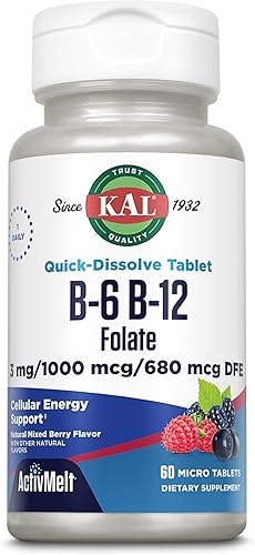 KAL Vitamina B-6, B-12 y suplemento de ácido fólico, salud cardíaca, energía y apoyo de glóbulos rojos*, con vitamina B12 metilcobalamina y folato,