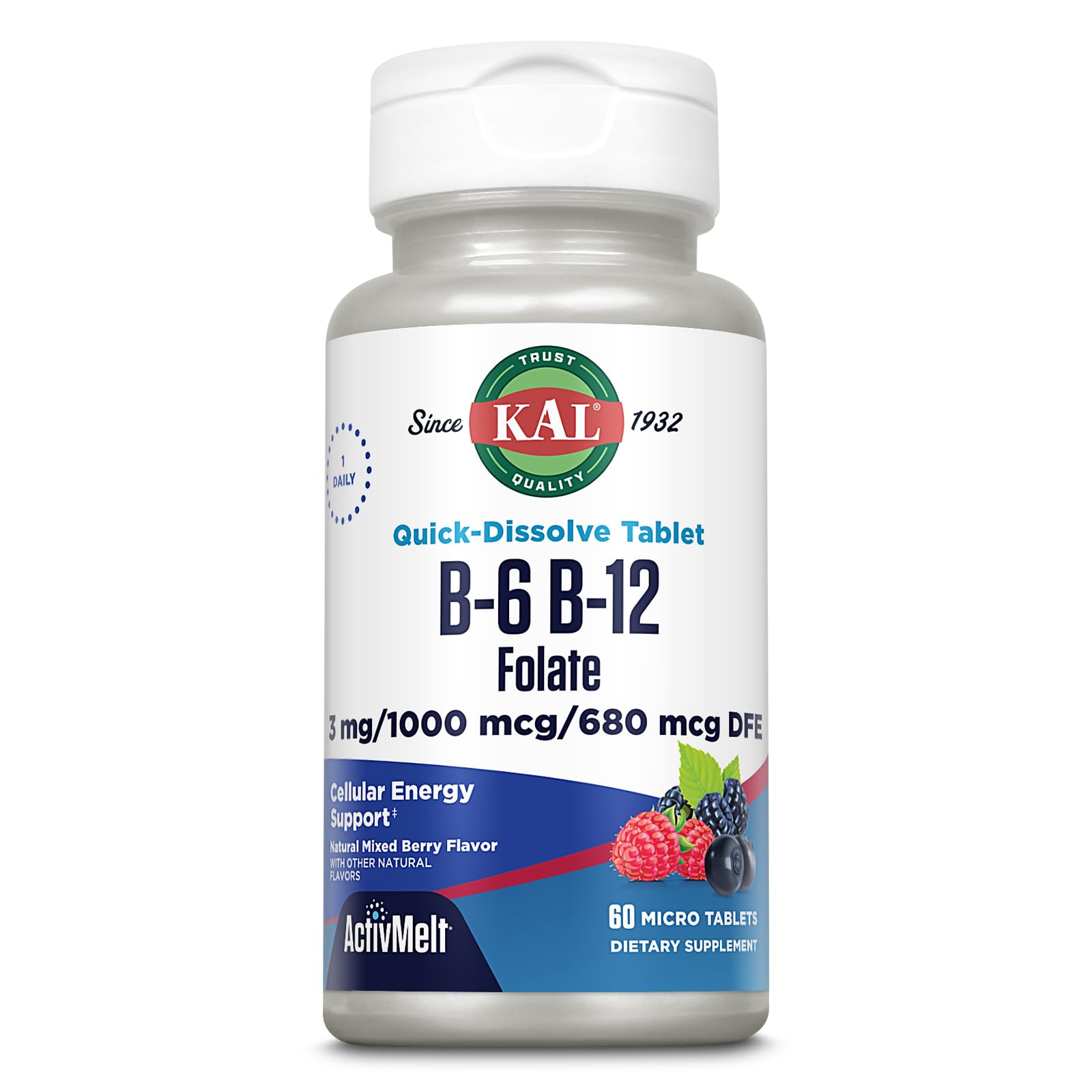 KAL Vitamin B-6, B-12 & Folic Acid Supplement, Heart Health, Energy & Red Blood Cell Support*, with Vitamin B12 Methylcobalamin & Folate, Natural Berry Flavor, 60 Servings, 60 ActivMelt Micro Tablets