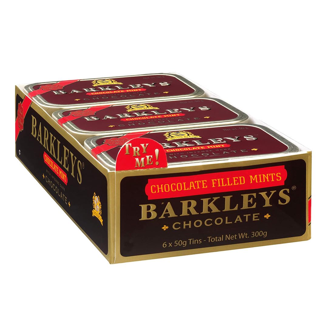 Barkleys Chocolate Breath Mints -Strong Peppermint Flavor- Chocolate Candy, Breath Freshener, After Dinner Mints In Reusable Classic Travel Tins - Vegan, 6 Pack - 50 Count Each