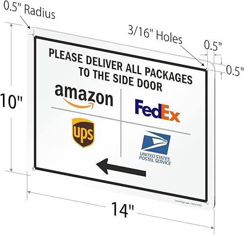 Miniatura 5 de SmartSign Letrero de metal "Please Deliver All Packages to The Side Door" de 10 x 14 pulgadas con flecha izquierda y símbolos, aluminio laminado