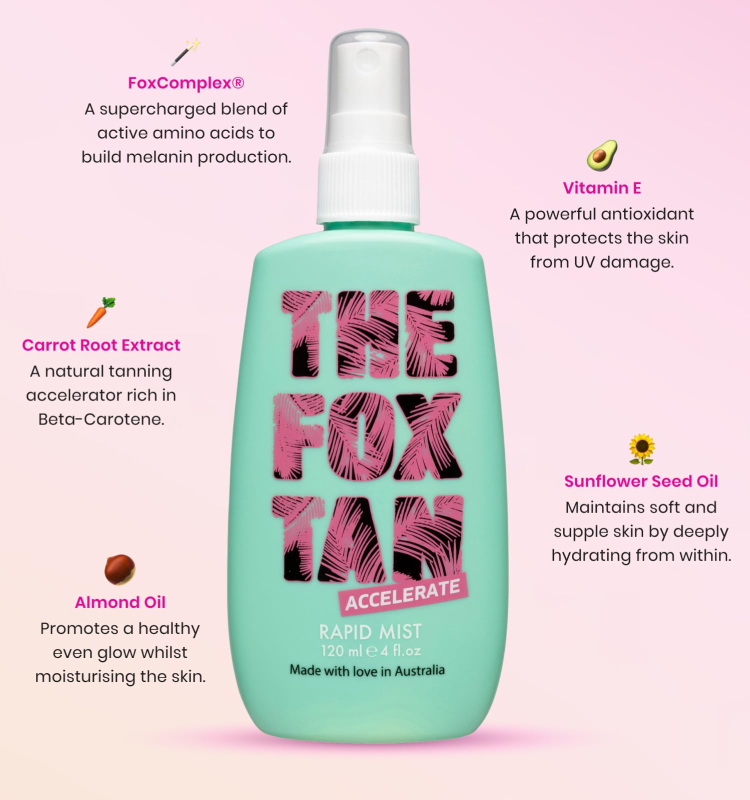 The Fox Tan - Rapid Tanning Mist – Acelerador del Bronceado sin Autobronceador, para Rostro y Cuerpo, Potencia el Bronceado Natural en Sol y Solarium, 120 ml