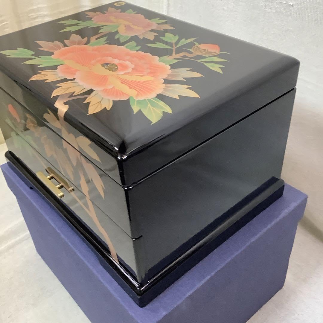 会津塗 宝石箱 オルゴール付 牡丹 黒 オンライン で 販売