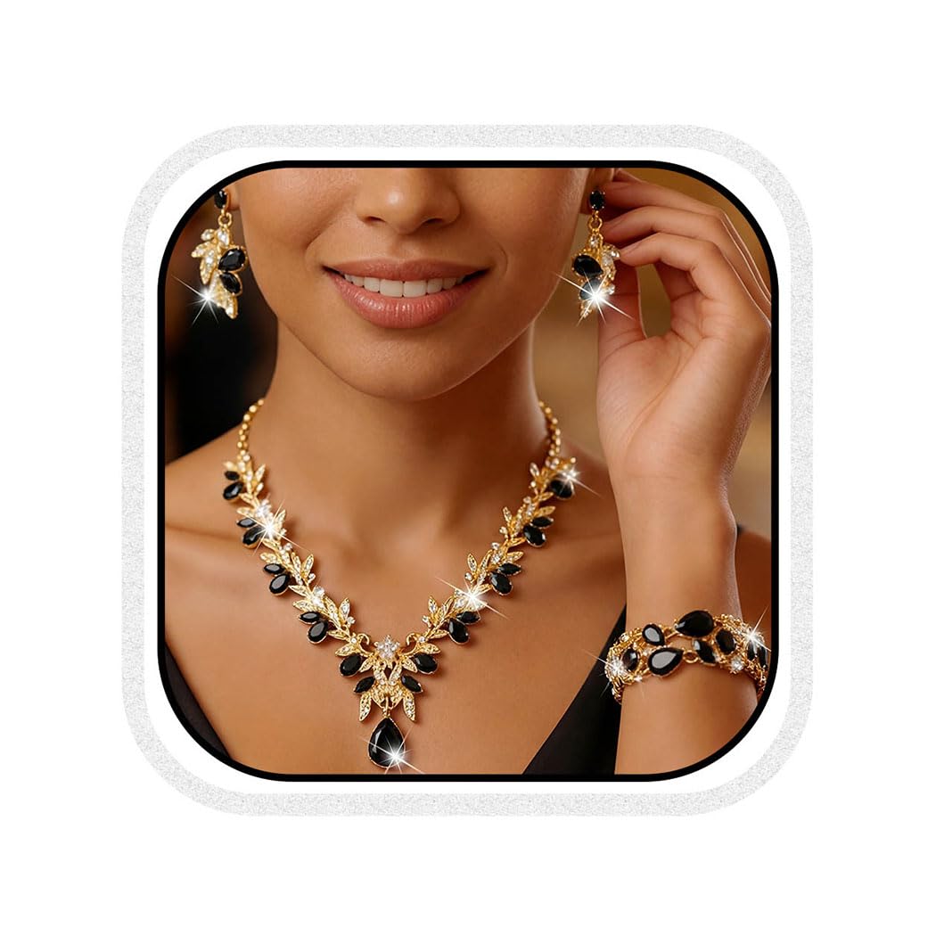 Gold Jewelry Sets Rhinestone Wedding Necklace Earrings Bracelet Set Prom Formal Indian Costume Jewelry for Women and Brides