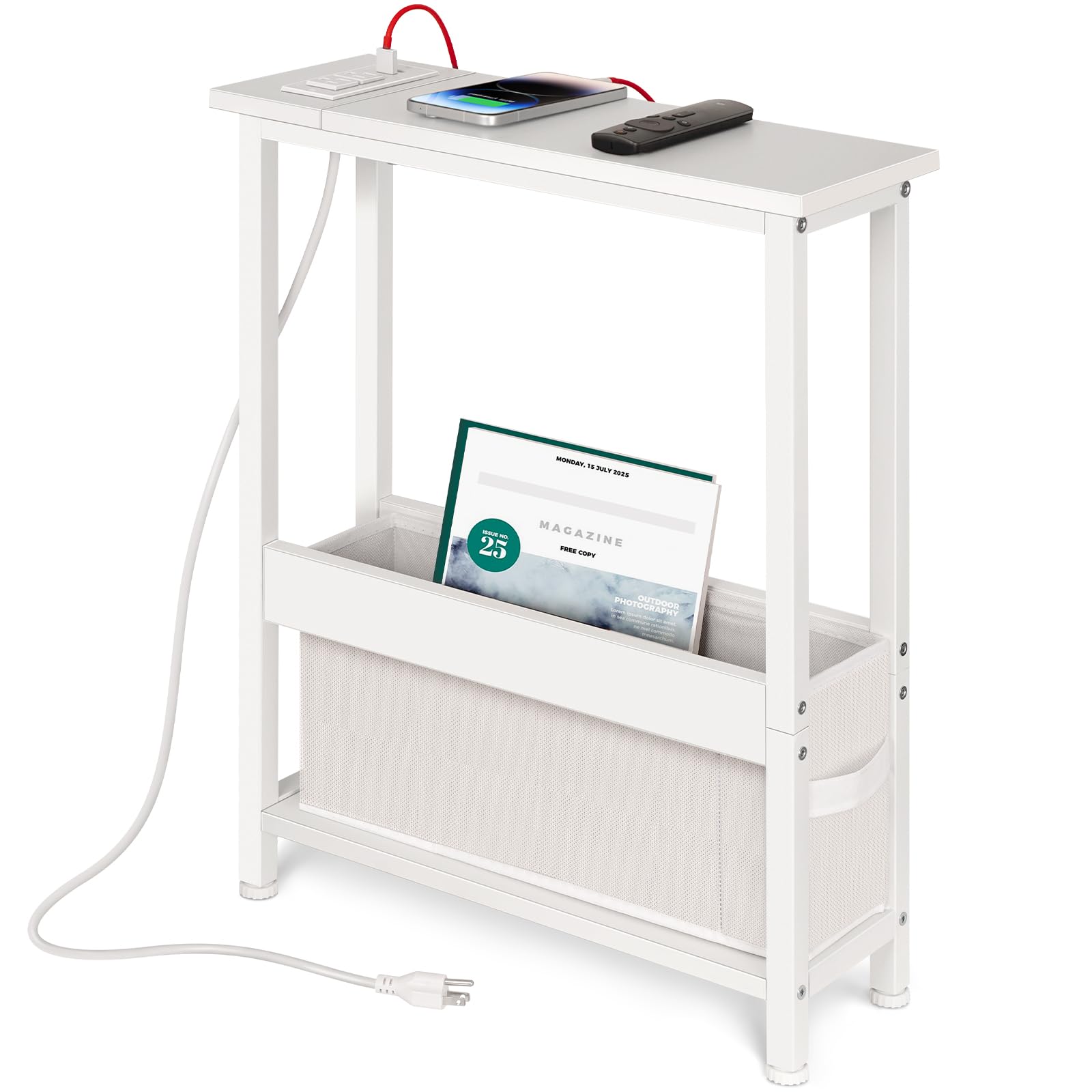 Slim Charging End Table with Storage - for Small Spaces and Bedroom (White)