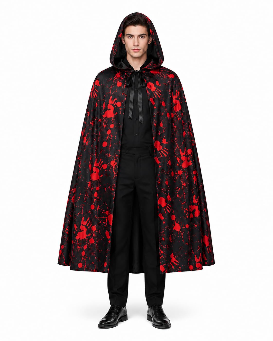 JFIZXOU Unisex Halloween Hooded Cloak, Black Red Horror Cape Costume, Full Length Vampire Wizard Robe for Adults, Cosplay Party Carnival Masquerade