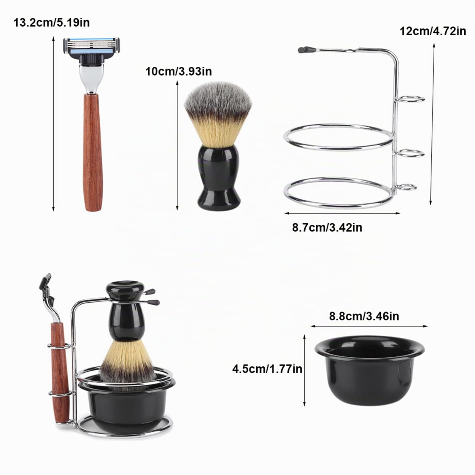 Kit de afeitado manual de seguridad con soporte, cepillo de afeitar de tejón, tazón de afeitar de espuma, kit de afeitado para barba de hombres con mango de acero inoxidable y madera, regalo para