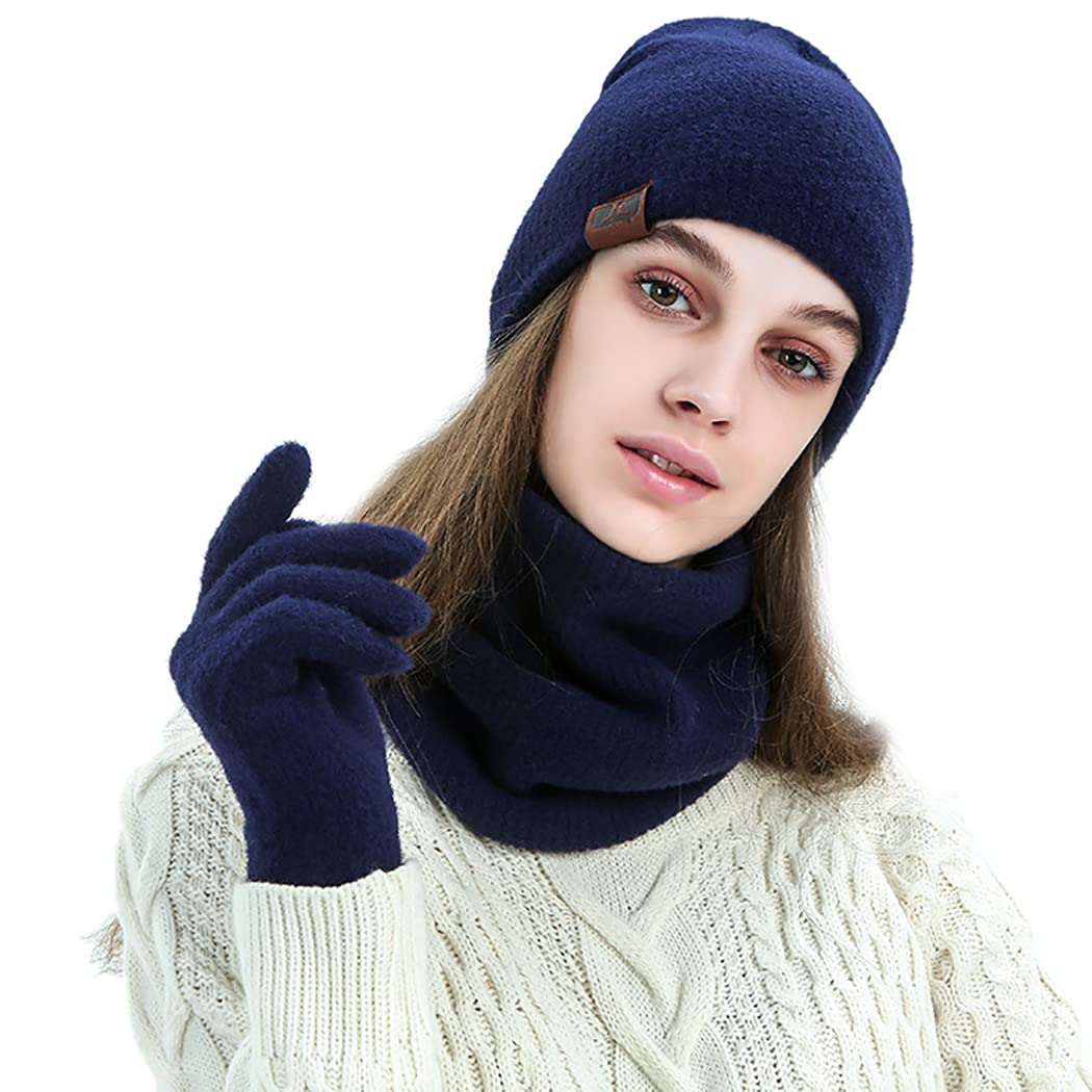 lnrueg Hat Scarf Gloves Set Classic Breathable Unisex Elastic Solid Color Ribbed Knit Cap Watch Cap Loop Scarf Girl Coldproof Elastic Cuff Man-picture-17