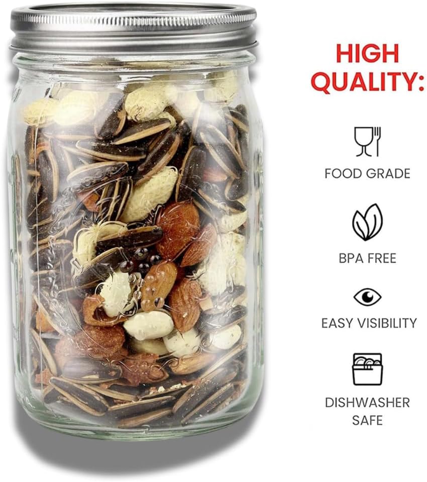 Wide Mouth Mason Jars 32 oz Glass Canning Jars with Airtight Lids & Bands for Fermenting, Pickling, Freezing, Storage - Microwave & Dishwasher Safe - Clear - (4 Pack)