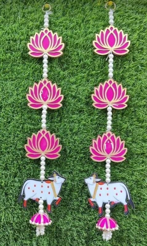 Craftomanic® 1 Pair Handmade Lotus with Cow & Hanging for Ganpati Decor and Diwali Decoration|MDF Floral Wall Hangings for Home Decoration, Temple, Main Door Entrance |1 Pair | 21 Inch Each