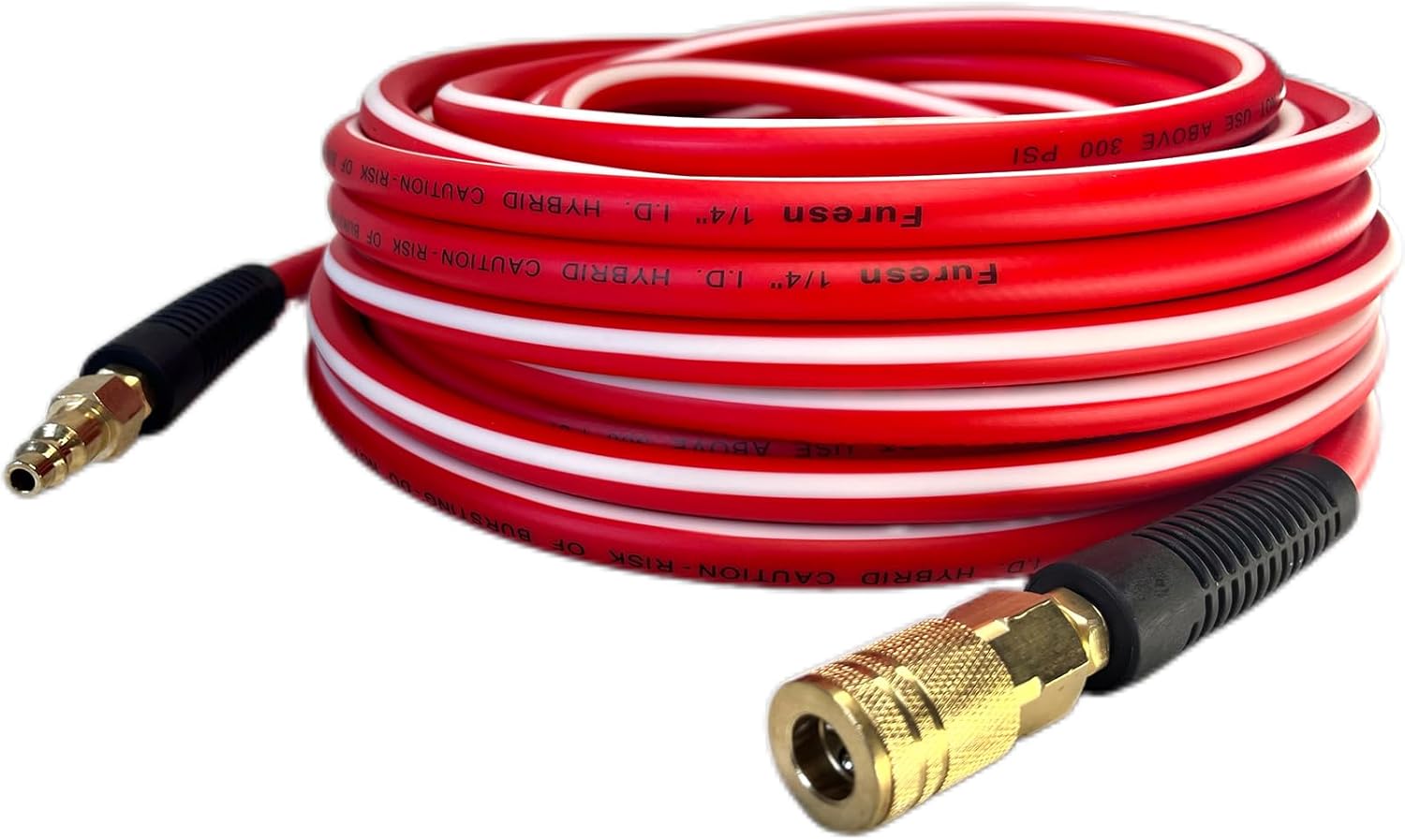 Air Hose 1/4 in x 100 ft, Heavy Duty, Lightweight, Kink Resistant, Hybrid Air Compressor Hose with 1/4 in Solid Brass Male Fittings, Bend Restrictors, 300 PSI(100FT, Red White)
