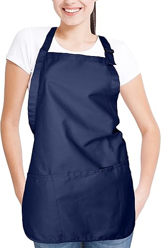 Miniatura 4 de Delantal para restaurante comercial o para el hogar, hilado de polialgodón, con 3 bolsillos, M, Azul marino