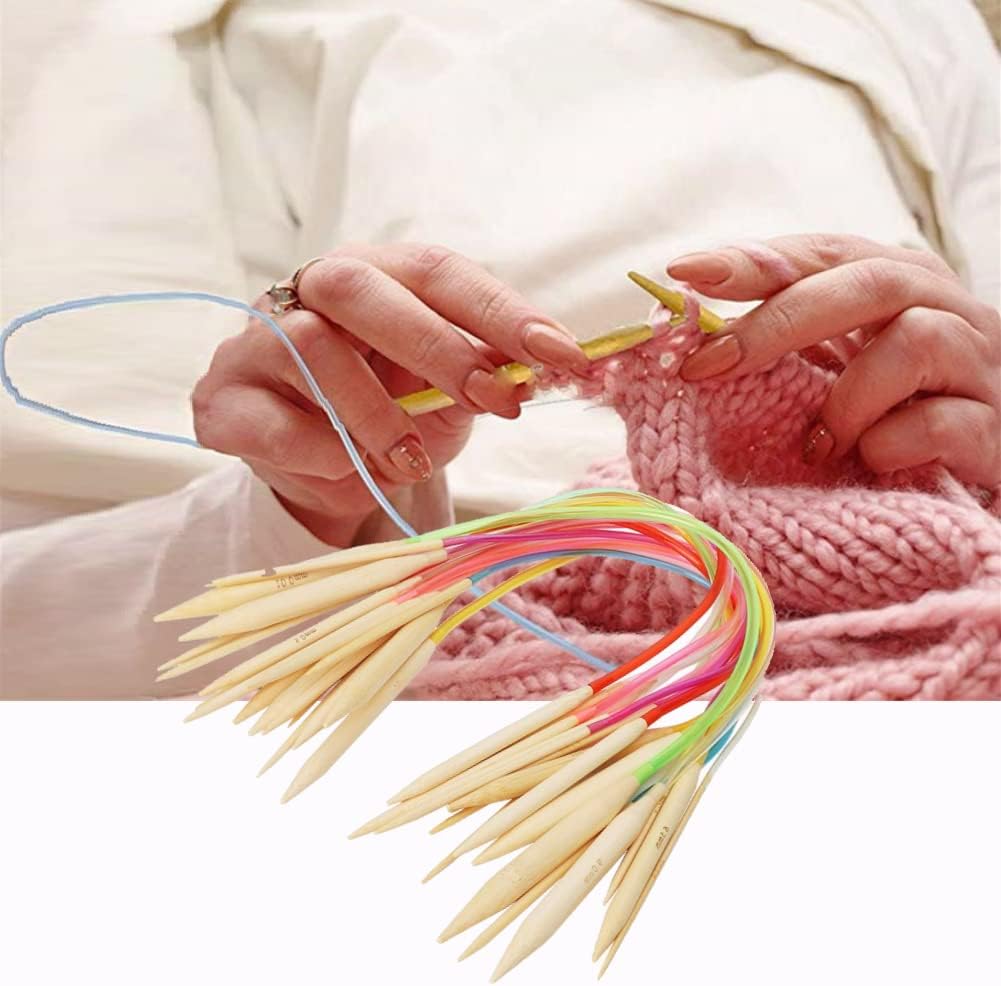 Knitting Needles Set Bamboo Circular Knitting Needles Double Pointed Annulus Knitting Sweater Needles Weaving Tools Knitting Kits with Colorful Plastic Tube(40cm)