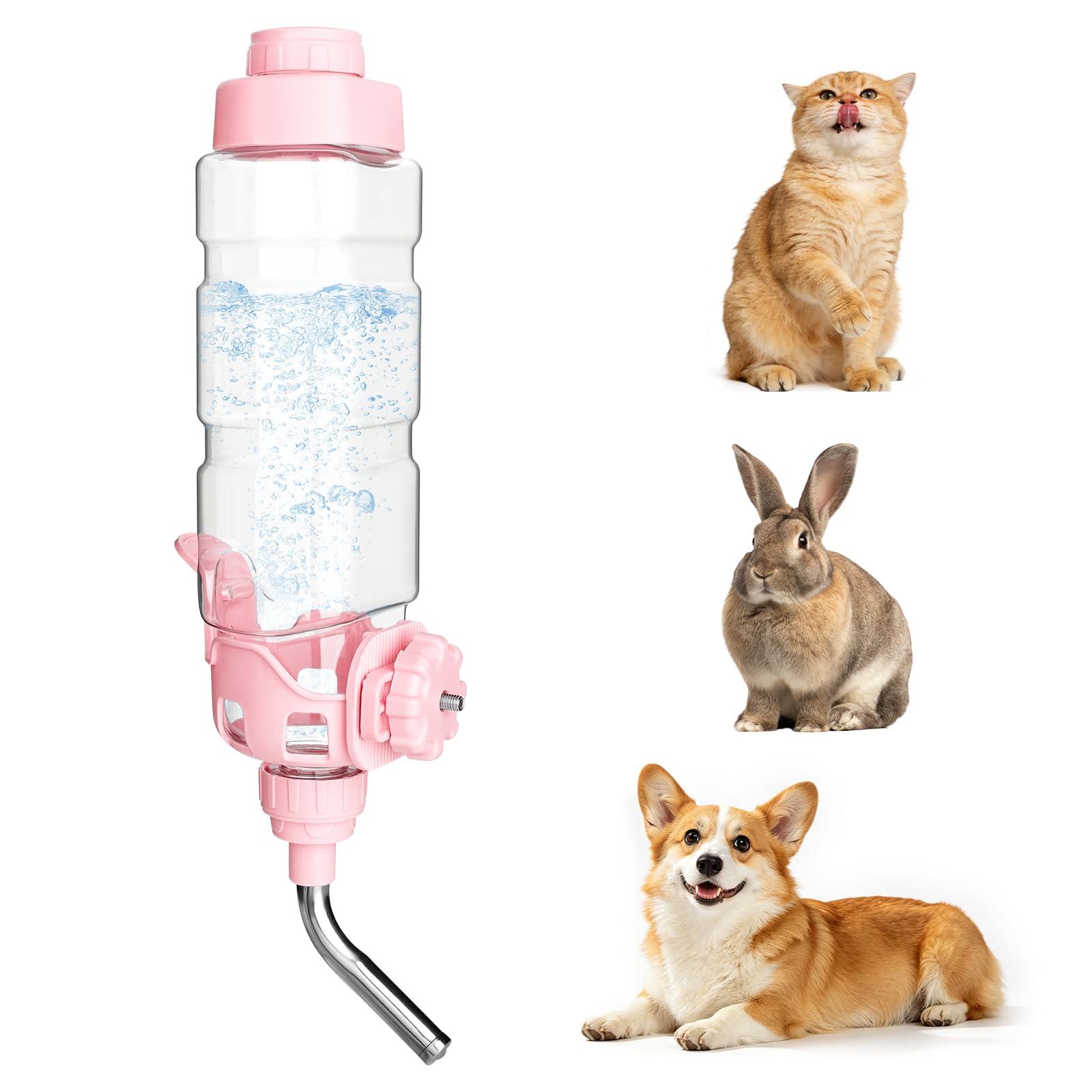 Vannon Water Bottle for Small Animals, 34oz Top-Fill Pet Dispenser, Pink