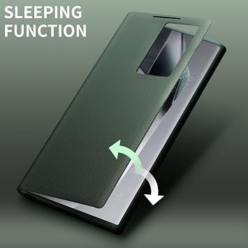 Genuine Leather Smart Case for Samsung Galaxy S23 Ultra Light Phone Cover with Smart View Case for S23 Ultra(Only for S23 Ultra Green)