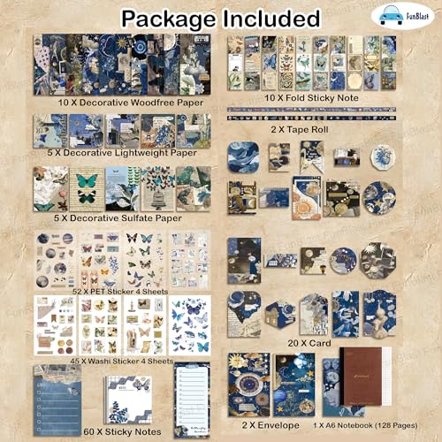 Image of FunBlast Cosmos Journal Kit, Aesthetic Scrapbooking Kit - 213 Pcs Vintage Junk Journal Supplies with Scrapbook Paper, Washi Stickers, A6 Grid Notebook, DIY Craft Journaling Gift (NavyBlue)