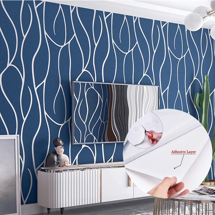 Image of CRIMSON DECORS Blue&Silver Freestyle SELF Adhesive Wallpaper for Living Room Bedroom Office Hall Corridor Peel and Stick Vinyl Wallpaper - 400X45 CM - 19 SQFT