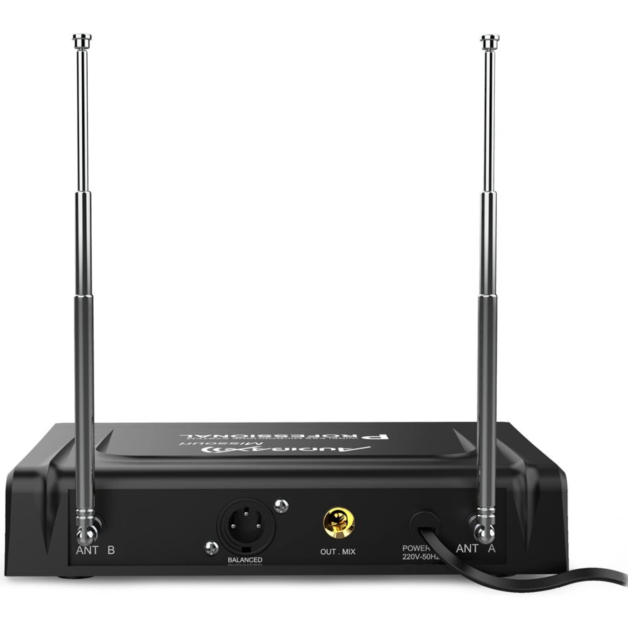 Audibax - Missouri 3000 - podwójny profesjonalny mikrofon radiowy - zestaw z 1 mikrofonem ręcznym i 1 pakietem paska na głowę/szyję - zasięg 80 metrów - włącznik/wyłącznik - baterie AA