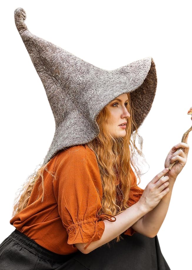 Leonardo Carbone® Glinda Witch Hat - Witch Costume, Medieval Clothing Headgear, Halloween Costume Women, Witcher Hat, Wizard Hat, LARP Clothing, Carnival, Cosplay - 100% Wool Taupe