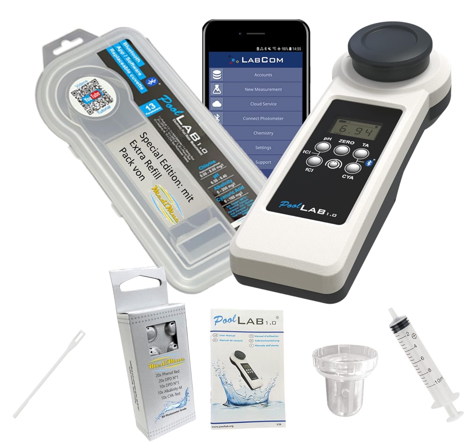 Photometro PoolLab 1.0 Special Edition 15 in 1: tester elettronico per l'acqua MediMuc - Photometro con 70 pastiglie di test + EXTRA Refillpack