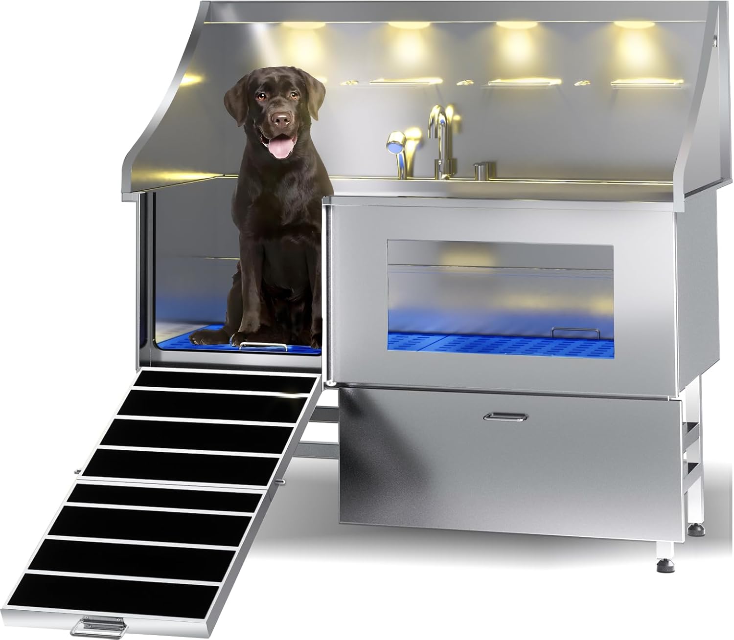50" Stainless Steel Dog Grooming Station with Ramp and Drawer