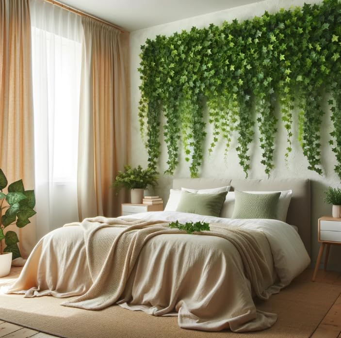 Confezione da 12 fili di edera artificiale da appendere per camera da letto, foglie di vite da parete, foglie di edera finta, decorazione da parete, decorazione per la casa, piante da