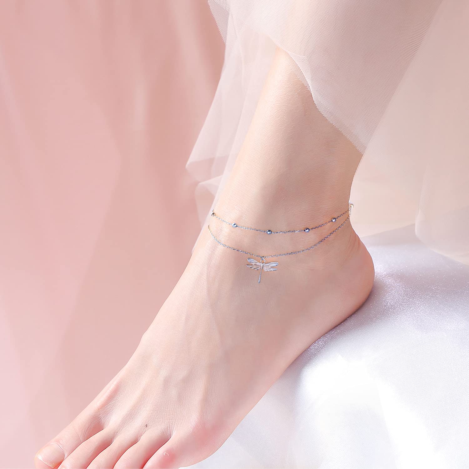 DAOCHONG Libellula farfalla cavigliera S925 argento sterling stratificato carino animali piede perline cavigliere regolabili per gioielli delle donne, Argento sterling