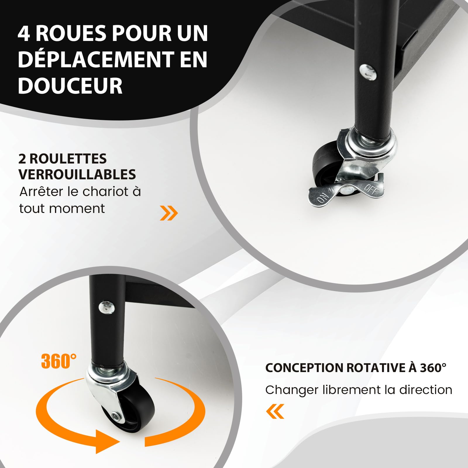COSTWAY Chariot de Service à roulettes Pliable, Étagère de Rangement en Métal Robuste à 3 Niveaux avec 4 Roues Flexibles (2 Verrouillables), pour Cuisine, Garage, Jardin, Noir
