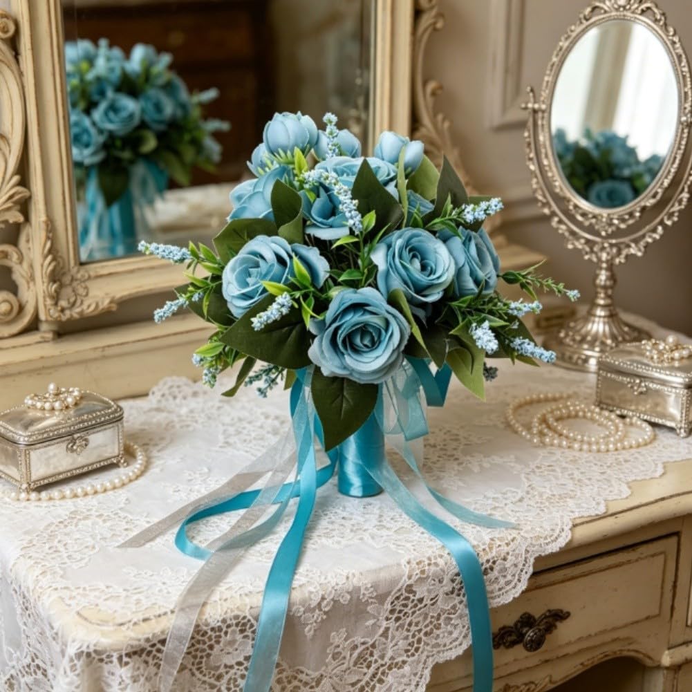Bouquet di fiori artificiali per damigelle d'onore, rose in seta, design peonia, leggero, 22 cm, blu e viola (rosa)
