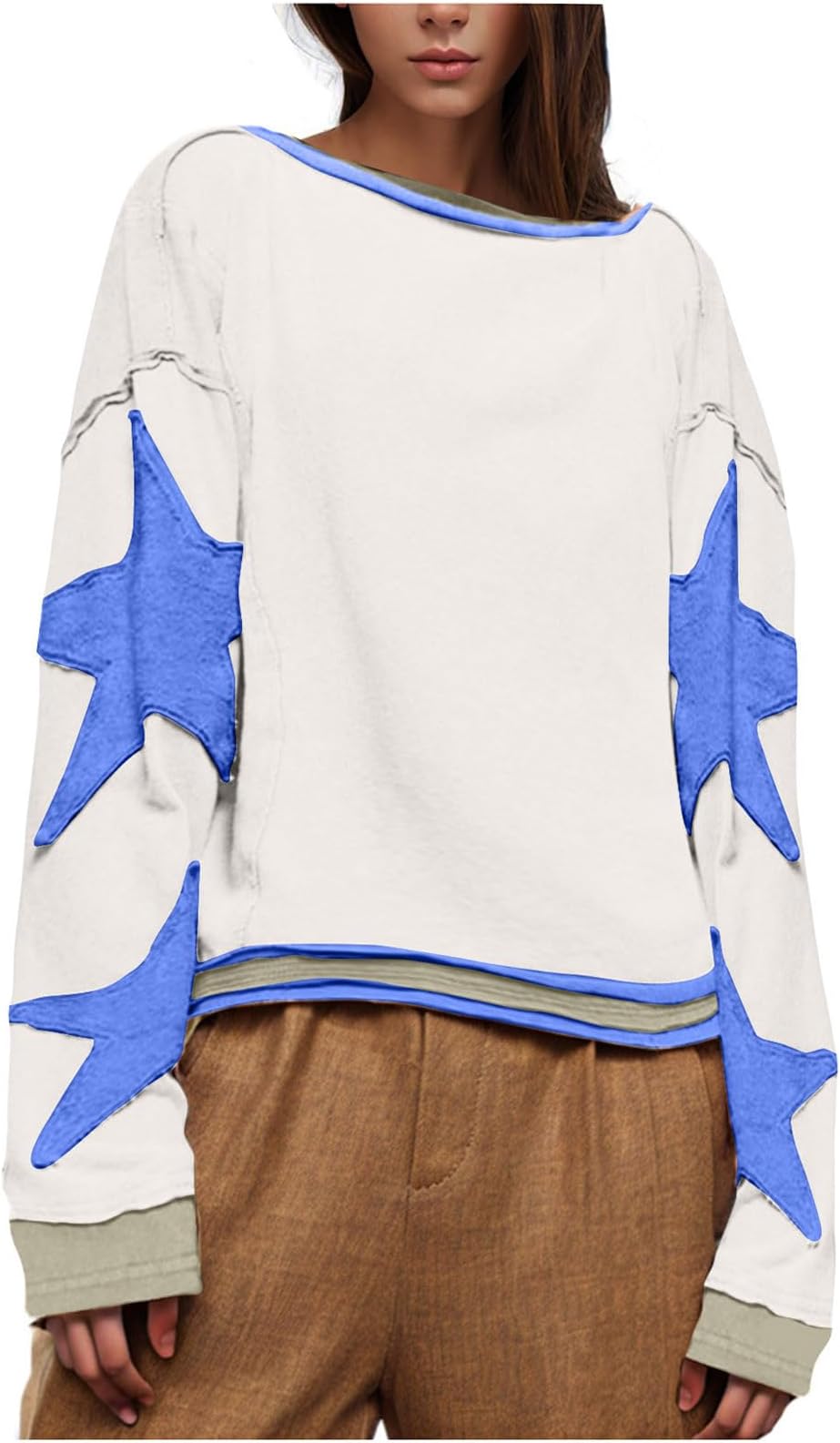 Jumpers for Women UK Oversized Sweatshirts Star Graphic Crop Tops Fall Long Sleeve Crewneck Drop Shoulder Vintage Ladies Hoodies Lightweight Loose Vintage Pullover Sweater
