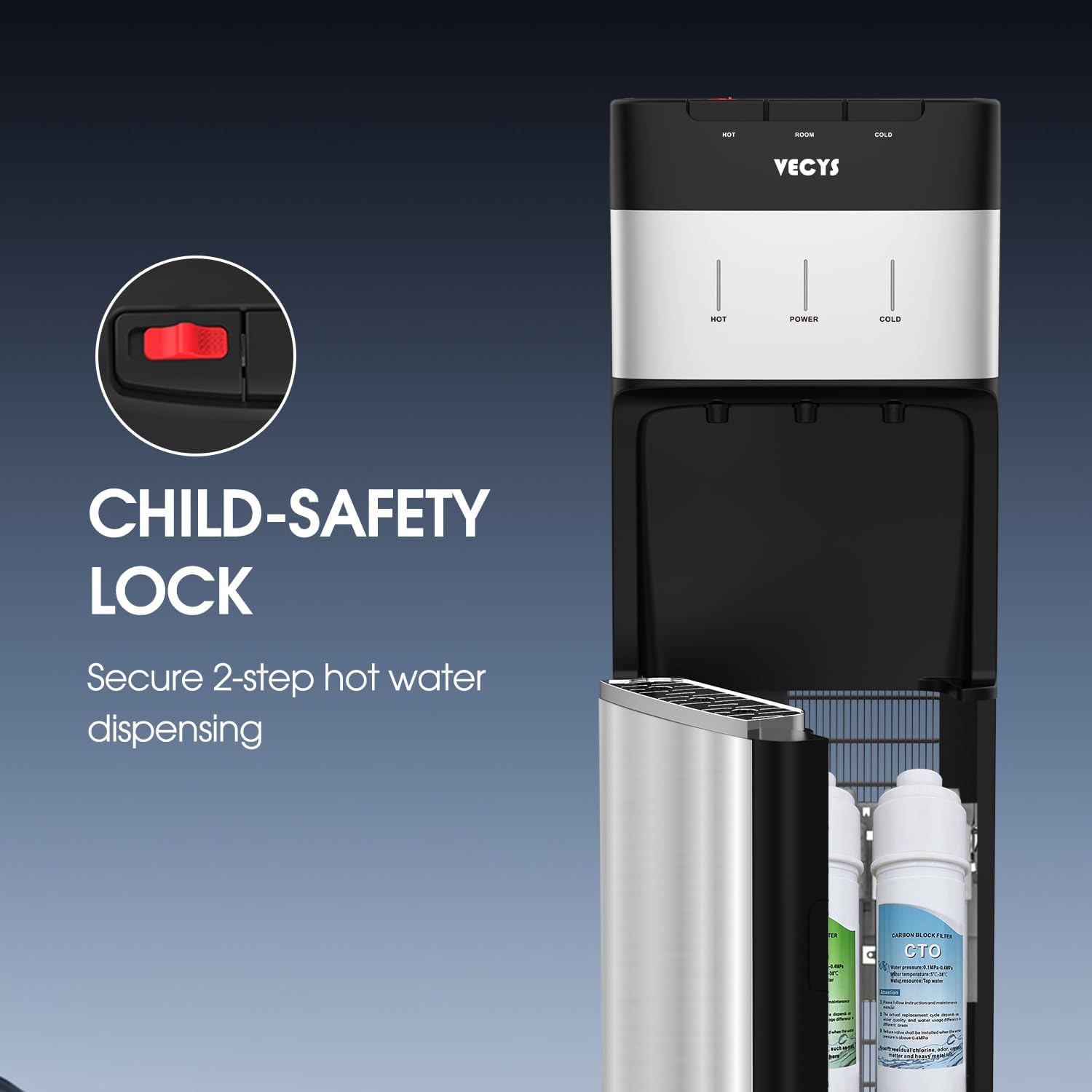 Close-up of the VECYS water cooler's hot water dispenser with child safety lock engaged