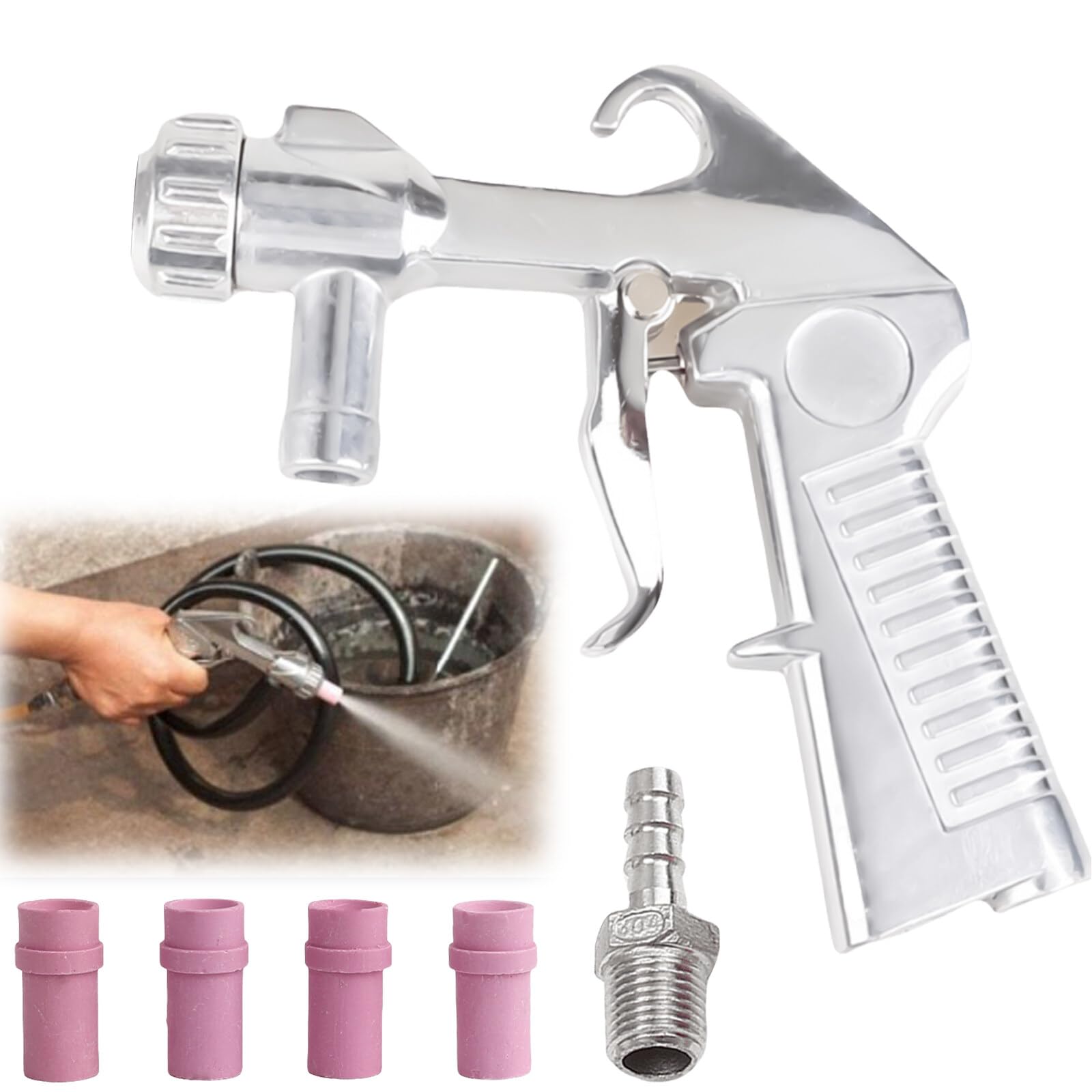 Pistolet de sablage, pistolet de sablage à air comprimé avec 4 buses en céramique, une buse en métal noir et un raccord d'air en acier inoxydable pour sableuse, tuyau d'aspiration de sable