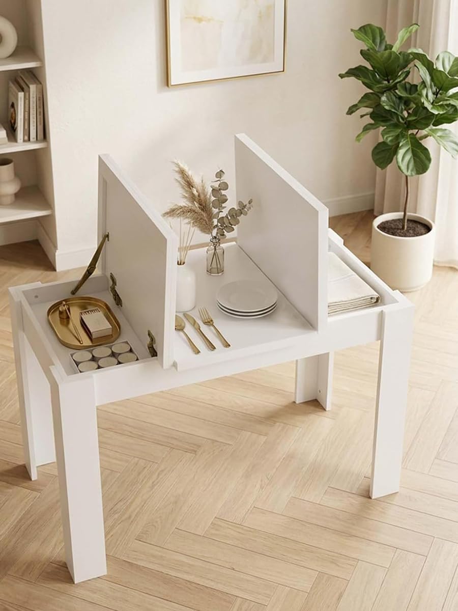Tavolo da Pranzo Bianco Rettangolare Cucina Sala 120×70×75cm | Due piani laterali sollevabili nascondono vani per stoviglie e accessori, mentre la parte centrale fissa resta disponibile