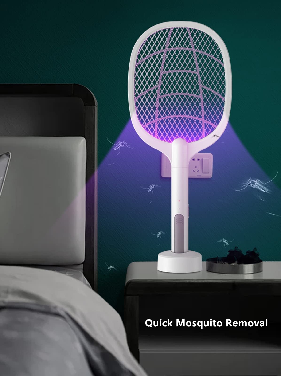 FAXIOAWA Matamoscas eléctrico, matamoscas eléctrico de 3000 V, matamoscas, Recargable por USB con Base de Carga, con Bandeja de Almacenamiento, Gris
