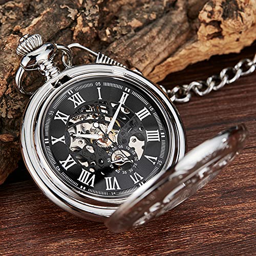 Image of Black and Silver Roman Numeral Dial Mens Mechanical Moon Phase Design, Moon Sun Pattern Skeleton Mechanical Pocket Watches for Men with Case and Chain - Black