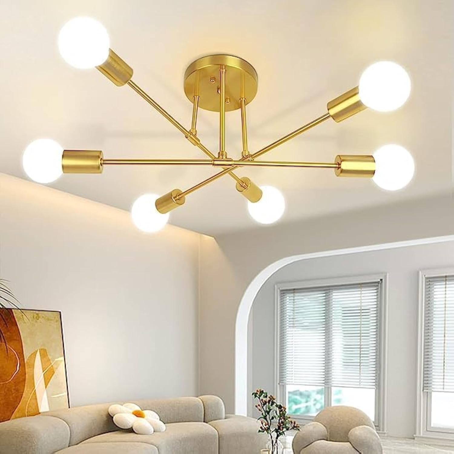Modern Sputnik Chandelier, Ceiling Light Fixture Semi Flush Mount 6-Lights Gold Chandeliers for Living Room Bedroom Dining Room Farmhouse Kitchen, Mid Century Pendant with E27 Base, Bulbs Not Included