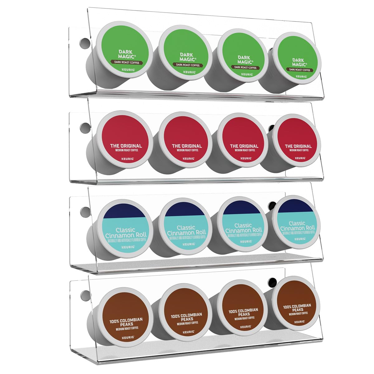 LifeMoreasy K Cup Holders, Acrylic Coffee Pods Organizer Stand Magnetic &amp; Self-Adhesive Wall Mounted K Cup Stand for Kitchen Wall, Cabinet, Fridge (4 Pack for 16 Pods)