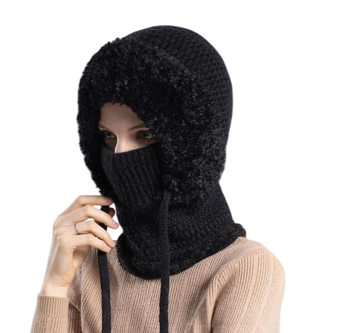 NULIYA 3 in 1 Beanie Hat for Women，with Neck Scarf & Face Cover, Warm Earflap Design, Windproof for Winter Skiing, Hiking & Outdoor Activities (Black)