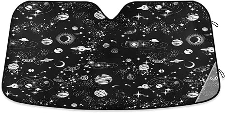 Black Car Windshield Sun Shade Space Galaxy Stars Car Sun Visor for UV Rays and Sun Heat Protection Constellation Planet Moon Blocks Automotive Heat and Sun Foldable Sun Shield 53x24 Inches
