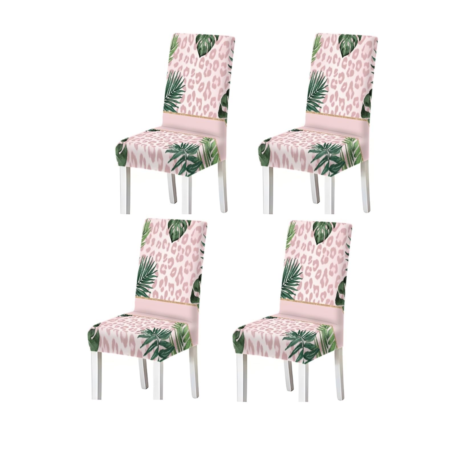 FZJKGH Pink Leopard Pattern Print Dining Chair Covers Set Of 2/4/6, Tropical Leaf Stretch Slipcovers For Dining Room Removable Stretch Slipcovers for Dining Chairs(4PCSChair cover)